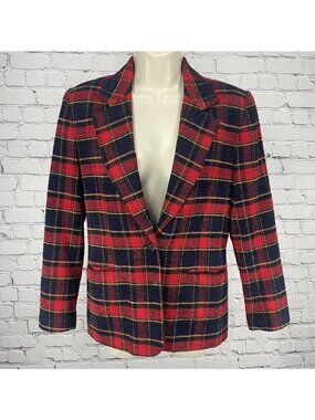 VTG Joan Leslie Red Plaid 1 Button Notch Blazer Easy Care Pockets Lined Size 6P